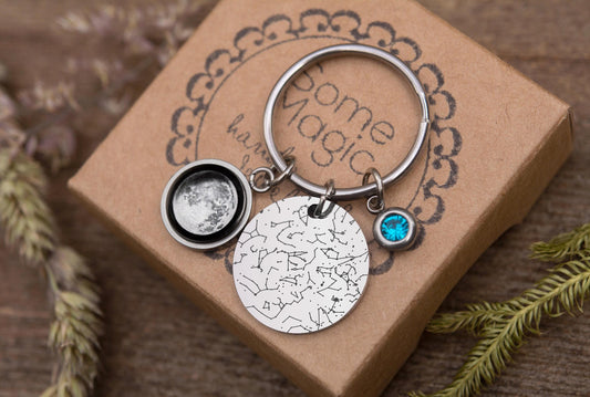 Moon Phase + Star Map + Birthstone Keychain, Star Map by Date, Custom Moon Phase Keyring, Engraved Personalized Birthday Gift for Women RP.1