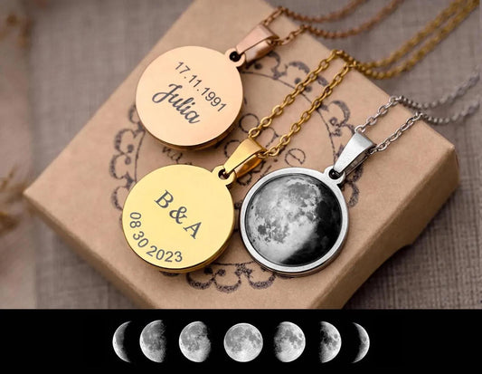Custom Moon Phase Necklace with Name or Initial Engraved on the Back, Personalized Birthday Gift for Women, Anniversary Gift for Her, KP.7
