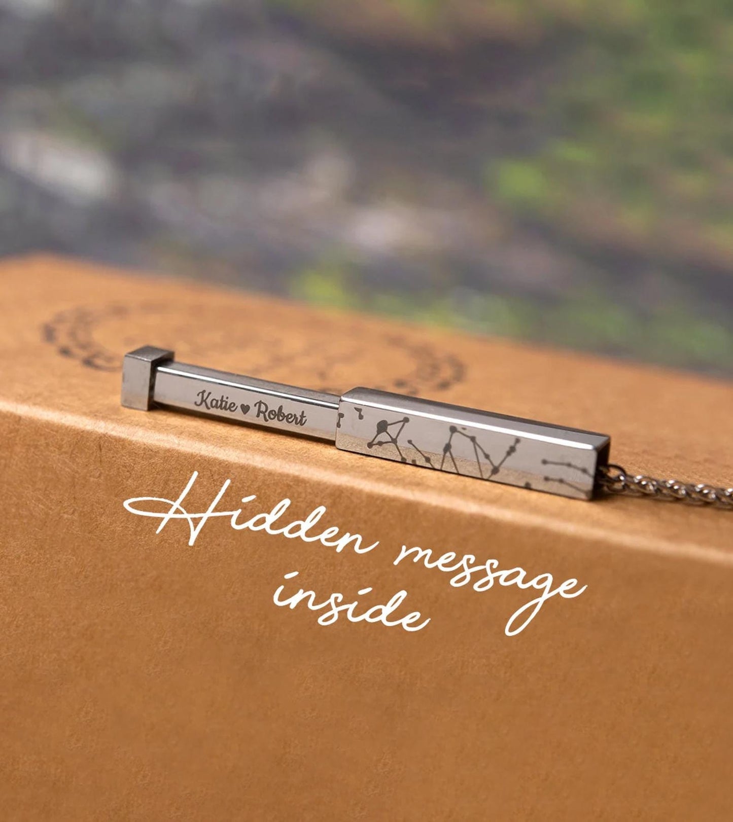 Star Map Necklace With Hidden Message Inside, Custom Engraved Night Sky Vertical Bar Pendant, Stainless Steel Personalized Jewelry Gift KP.4