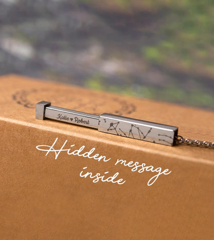 Star Map Necklace With Hidden Message Inside, Custom Engraved Night Sky Vertical Bar Pendant, Stainless Steel Personalized Jewelry Gift KP.4