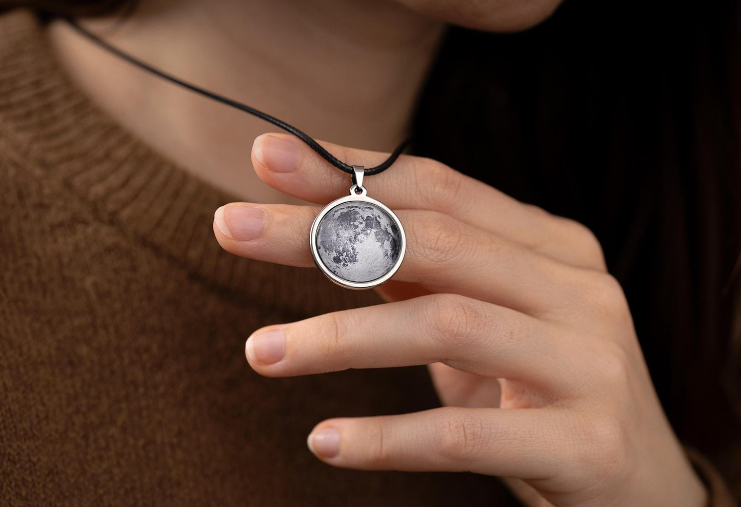 Black Necklace for Men, Custom Moon Phase Pendant for Him, Personalized Anniversary or Birthday Jewelry Gift For Husband or Boyfriend, RP.1