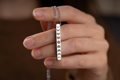 Moon Phase Necklace, Celestial Gift for Girlfriend or Wife, Night Sky Jewelry, Layering Lunar Vertical Bar Charm, Birthday Present, KP.2