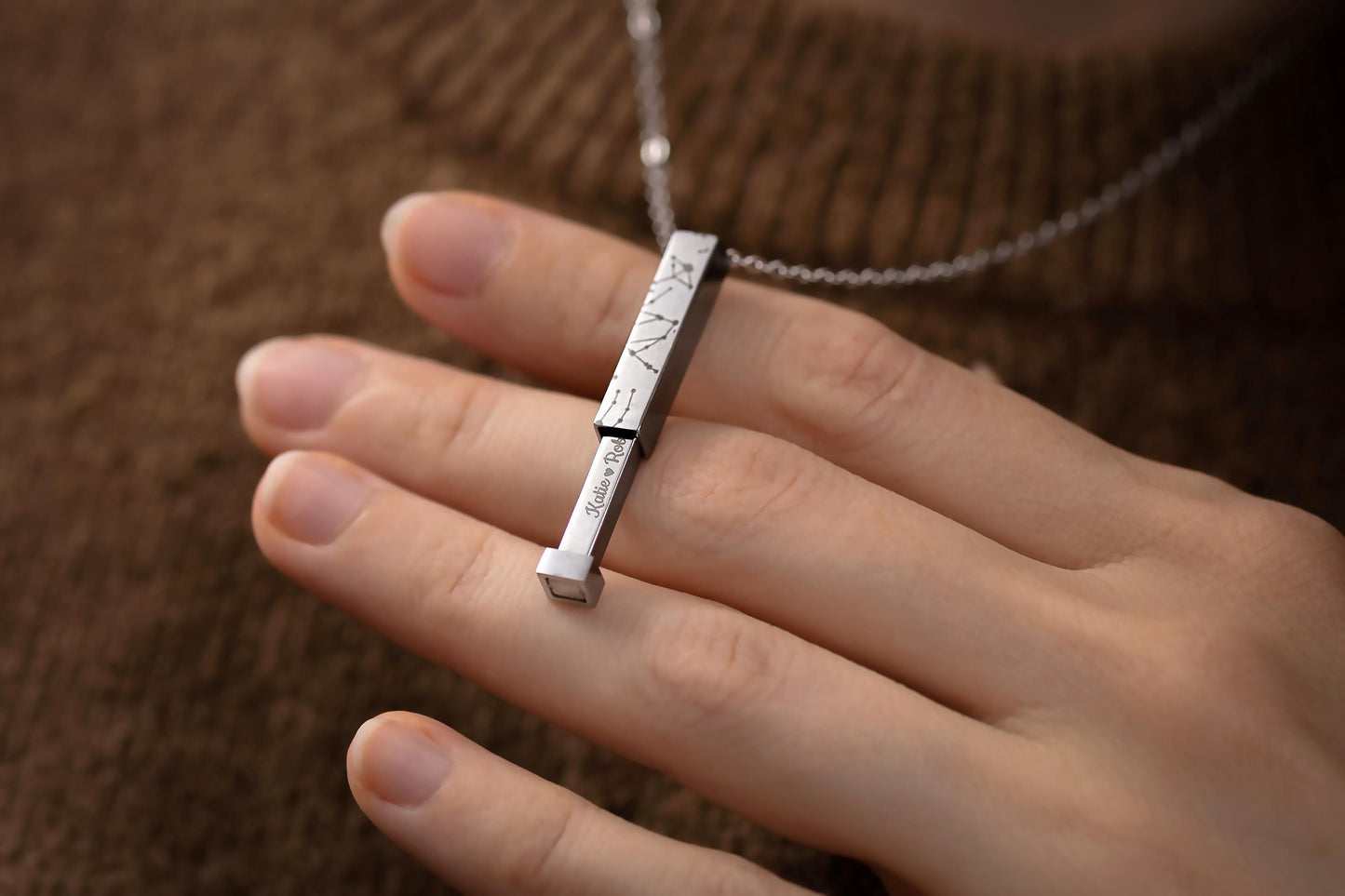 Star Map Necklace with Hidden Message, Double Layered Custom Engraved Silver Vertical Bar Necklace, Personalized Jewelry Gift for Her, KP.4
