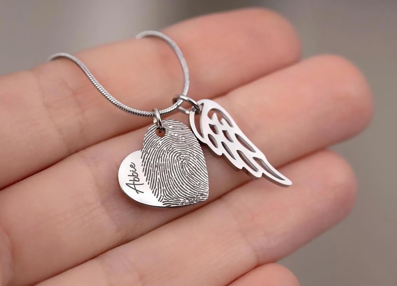 Personalized Heart Necklace with Fingerprint and Name, Grief Keepsake Gift for Loss Mother, Memorial Thumbprint Sympathy Jewelry, C.2