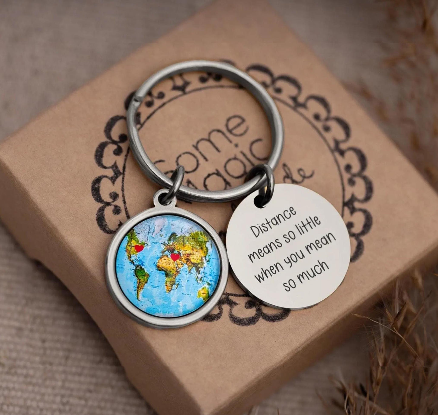 Long Distance Relationship Gift for Boyfriend or Girlfriend - Personalized Map Keychain with Hearts in Custom Locations & Engraved Text, C.1