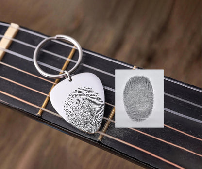 Actual Fingerprint Keychain, Guitar Pick Keychain, Engraved Custom Keyring, Memorial Gift, Loss of Father, Personalized Sympathy Gift, C.2
