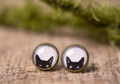 Peeking Cat Earrings, Cat Lover Gift, Funny Cat Jewelry, Cat Owner Gift, Cute Stud Earrings, Birthday Gift for Teen Girl, Teenager Gift, C.1