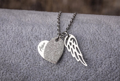 Heart Necklace with Fingerprint & Angel Wing, Memorial Loss of Mother or Father Sympathy Gift, Personalized Jewelry Grief Gift for Her, KP.2