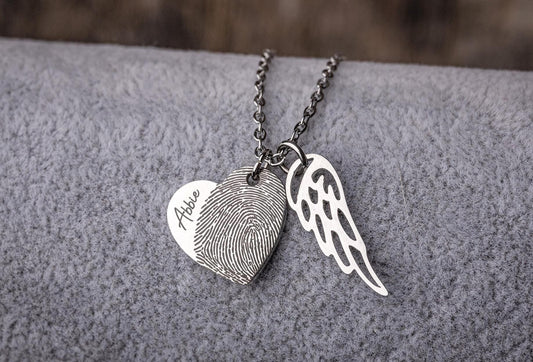 Heart Necklace with Fingerprint & Angel Wing, Memorial Loss of Mother or Father Sympathy Gift, Personalized Jewelry Grief Gift for Her, KP.2