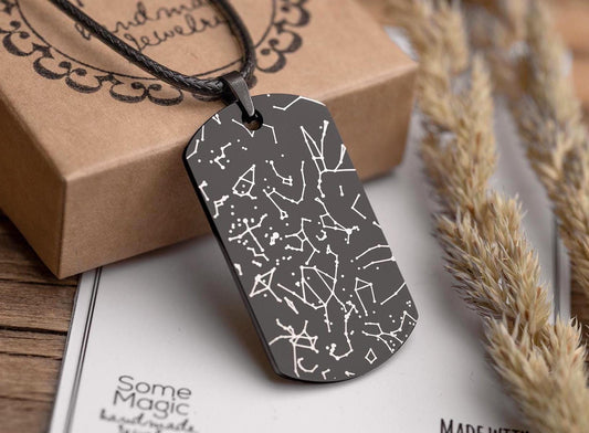 Star Map Pendant with Cord for Men, Personalized Military Dog Tag Army Necklace For Boyfriend or Husband, Custom Birthday Gift For Him, RP.2
