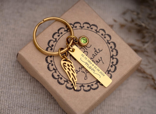 Loss of Mom Sympathy Gift, Memorial Keychain with Angel Wing and Birthstone, Remembrance Grief Gift Custom Engraved Personalized Keyring C.2