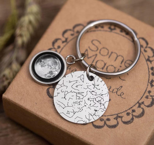 Star Map And Moon Phase Keychain, Engraved Custom Night Sky Keyring, Star Map By Date, Personalized Birthday Gift For Men, Anniversary, RP.2