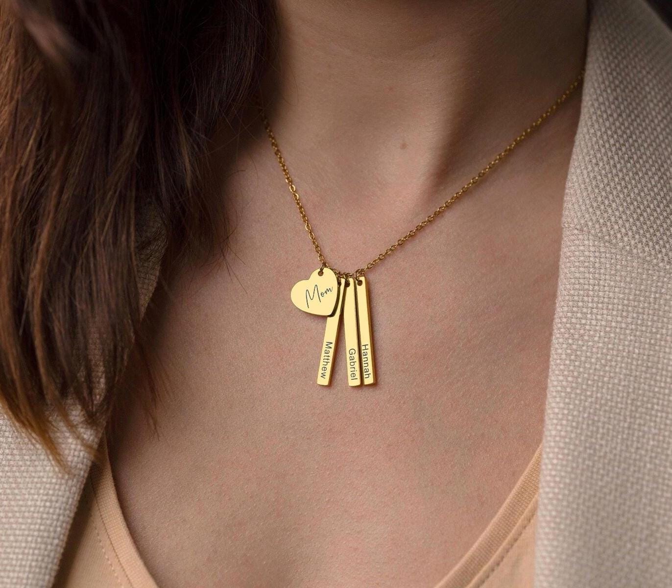 Custom Mom Jewelry with Kids Names, Personalized Multiple Charm Necklace with Engraved Heart and Bar Pendants for Women, Gift for Her, KP.2