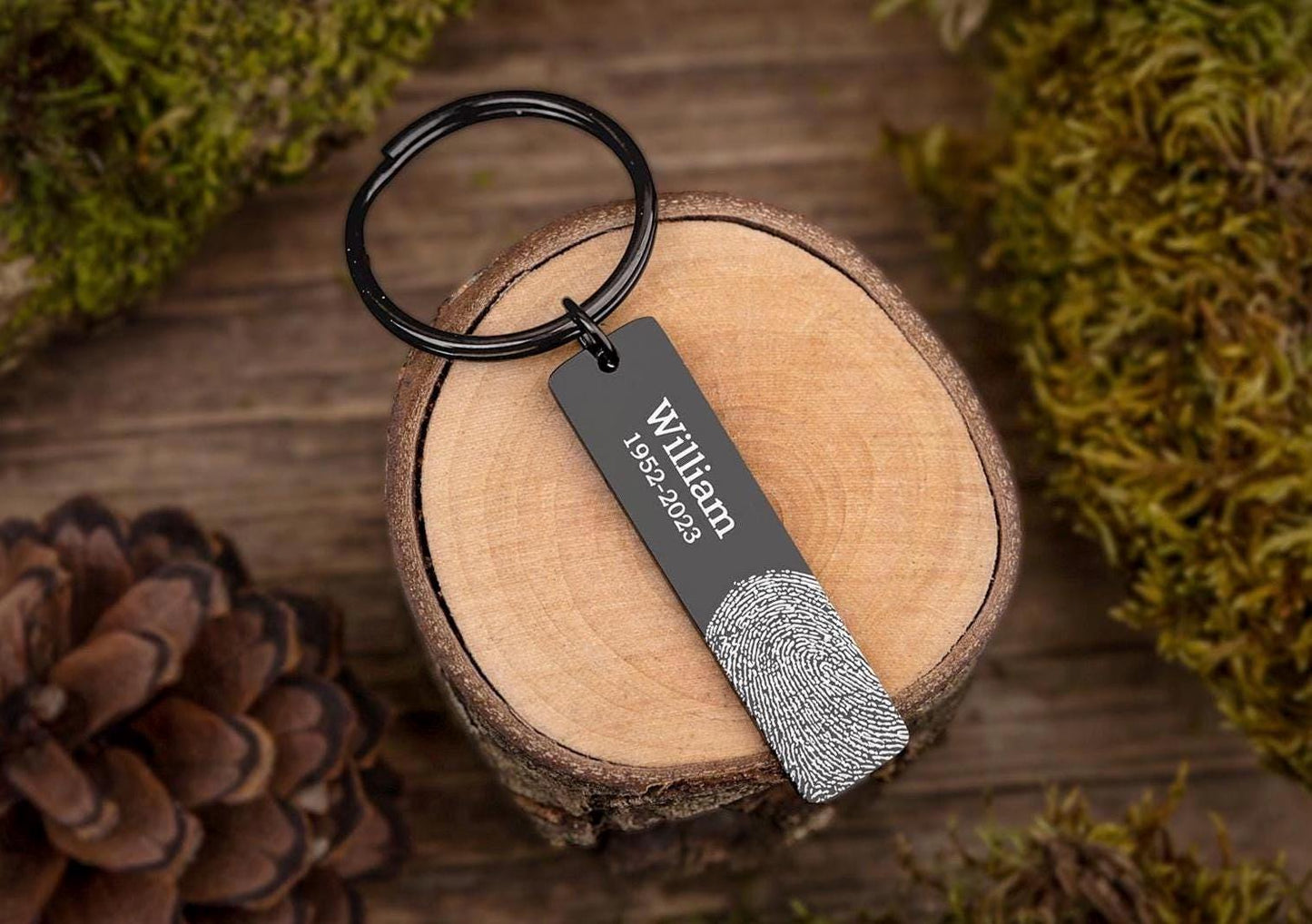Memorial Funeral Keepsake Keychain with Fingerprint and Custom Text, Laser Engraved Keyring, Personalized Grief Gift with Thumbprint, C.2