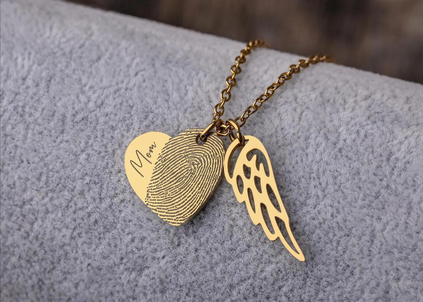 Heart Necklace with Fingerprint & Angel Wing, Memorial Loss of Mother or Father Sympathy Gift, Personalized Jewelry Grief Gift for Her, KP.2