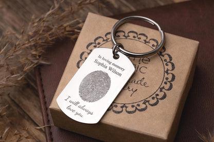 Memorial Keychain with Actual Fingerprint and Custom Text, Thumbprint Keepsake, Personalized Engraved Remembrance Keyring, Grief Gift, C.2