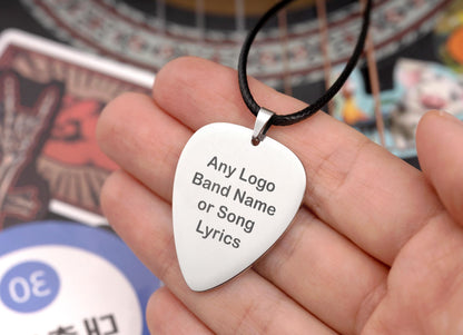 Any Logo, Band Name or Custom Song Lyrics on Guitar Pick Necklace - Personalized Gift for Boyfriend, Girlfriend or Music Lover, KP.2/C.2