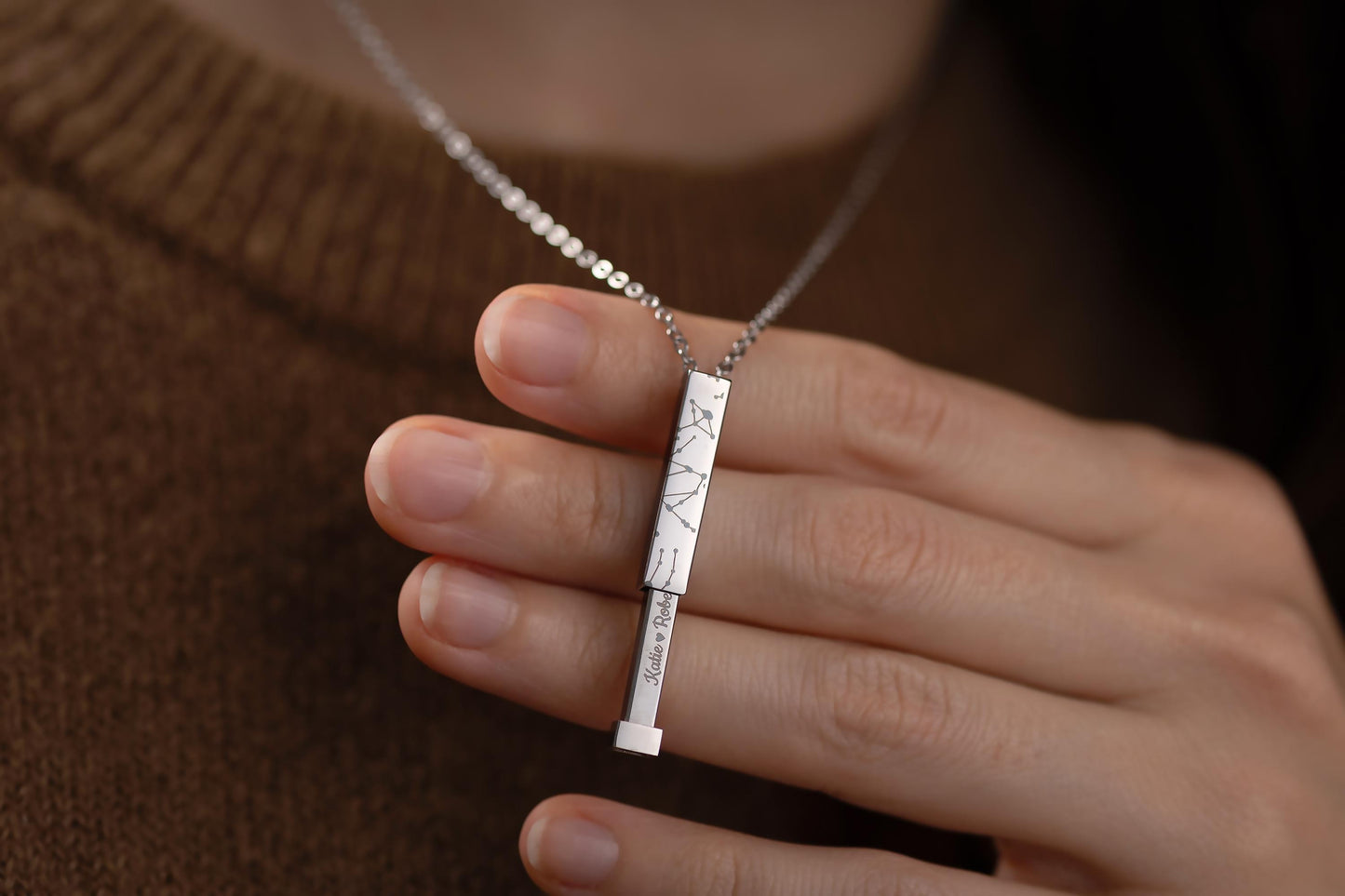 Star Map Necklace With Secret Message, Hidden Message Inside The Pendant, Custom Engraved Night Sky Vertical Bar, Personalized Gift, KP.4