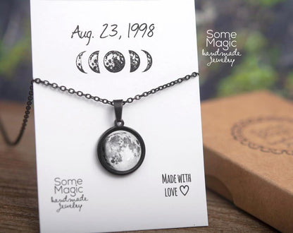 Custom Star Map & Moon Phase Necklace, Jewelry Birthday Gift for Women, Anniversary Gift for Her, Engraved Silver or Gold Pendant, KP.7
