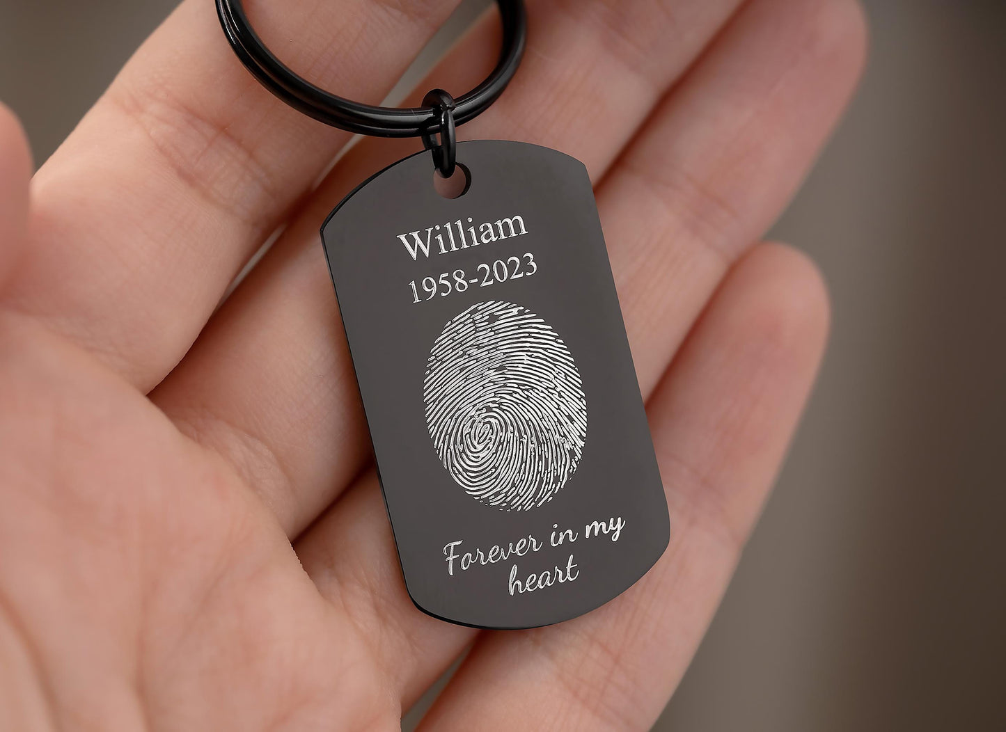 Actual Fingerprint Keychain - Personalized Memorial Keepsake with Custom Text - Sympathy, Condolence, or Bereavement Grief Gift for Him, C.2