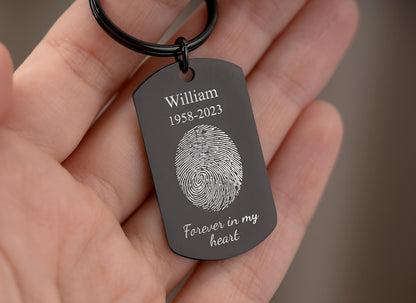 Actual Fingerprint Keychain - Personalized Memorial Keepsake with Custom Text - Sympathy, Condolence, or Bereavement Grief Gift for Him, C.2