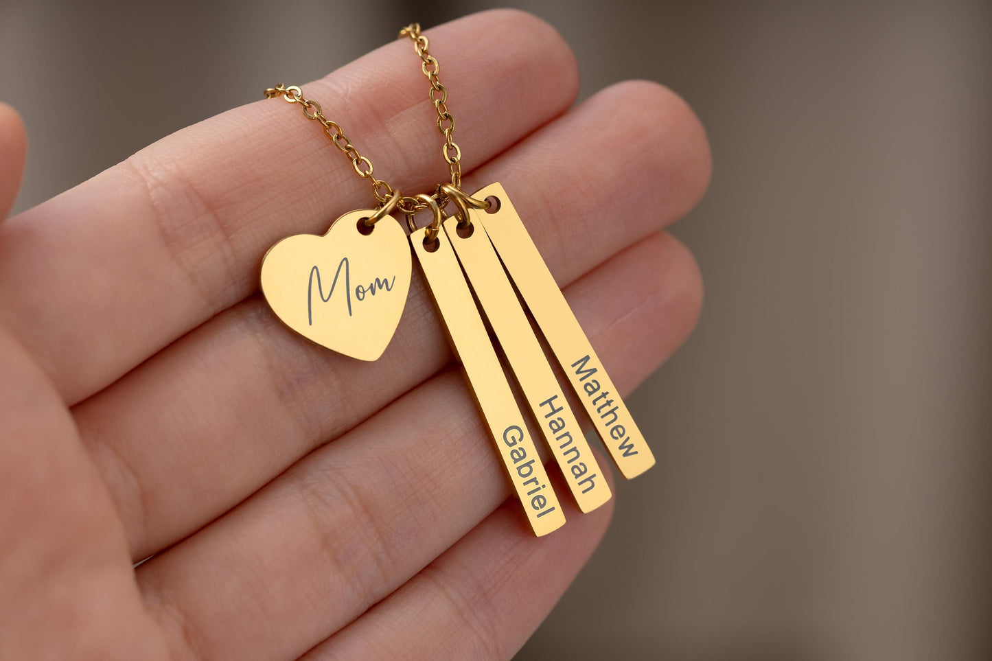 Custom Mom Jewelry with Kids Names, Personalized Multiple Charm Necklace with Engraved Heart and Bar Pendants for Women, Gift for Her, KP.2