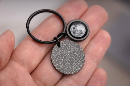 Personalized Birthday Gift for Him, Custom Star Map And Moon Phase Keychain, Night Sky by Date, First Date or Wedding Anniversary Gift, RP.1