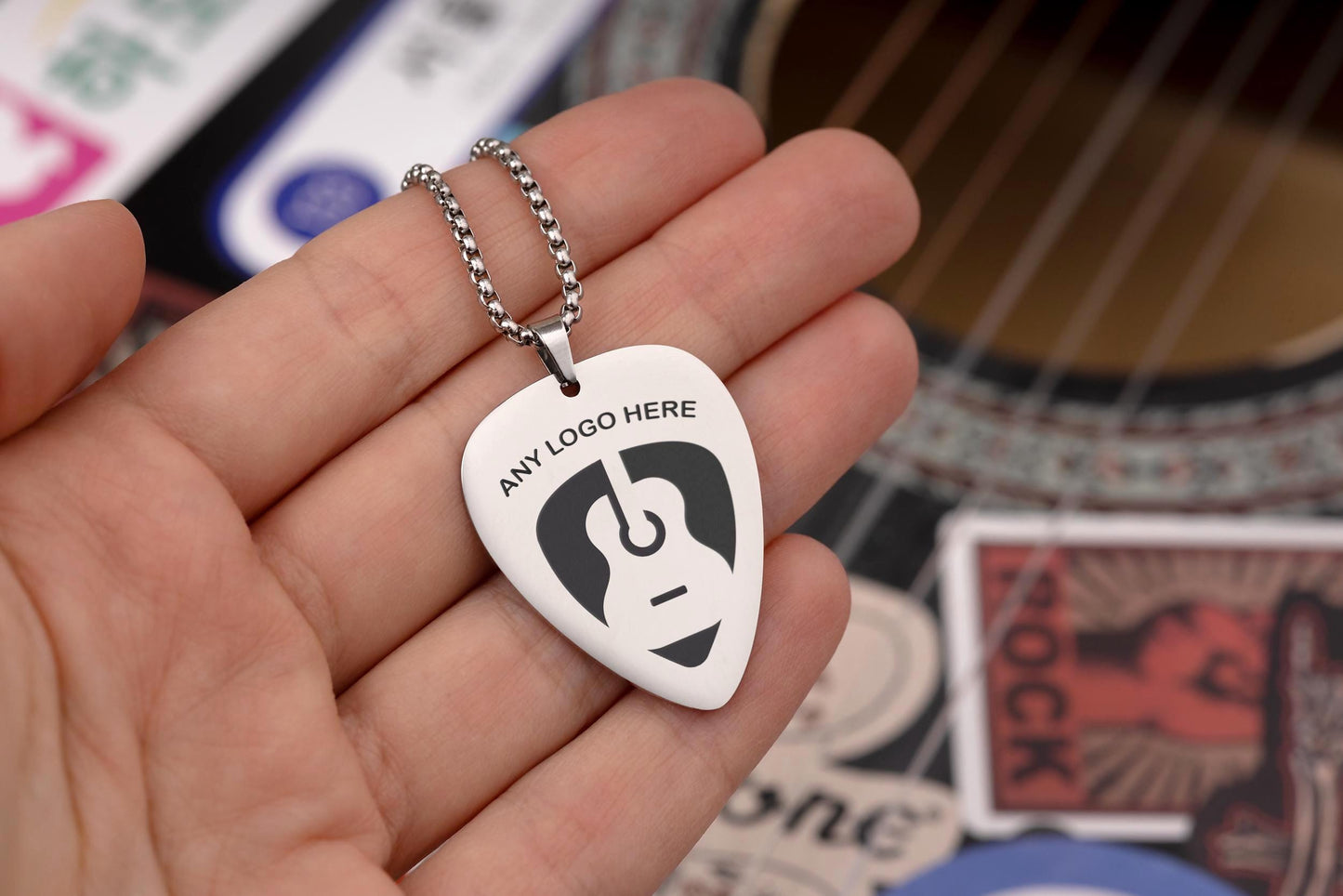 Any Logo, Band Name or Custom Song Lyrics on Guitar Pick Necklace - Personalized Gift for Boyfriend, Girlfriend or Music Lover, KP.2/C.2