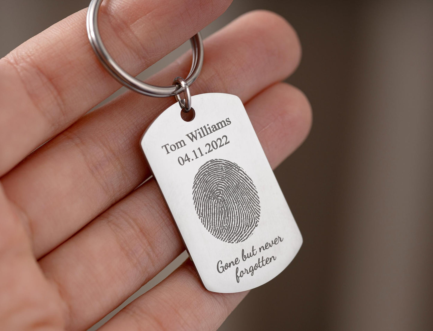 Actual Fingerprint Keychain - Personalized Memorial Keepsake with Custom Text - Sympathy, Condolence, or Bereavement Grief Gift for Him, C.2