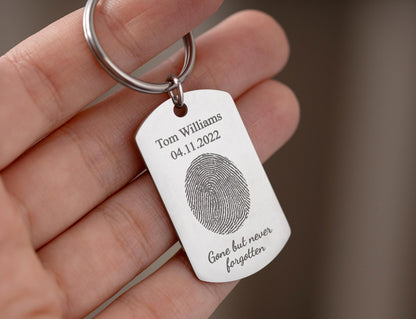 Actual Fingerprint Keychain - Personalized Memorial Keepsake with Custom Text - Sympathy, Condolence, or Bereavement Grief Gift for Him, C.2