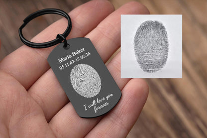 Actual Fingerprint Keychain - Personalized Memorial Keepsake with Custom Text - Sympathy, Condolence, or Bereavement Grief Gift for Him, C.2