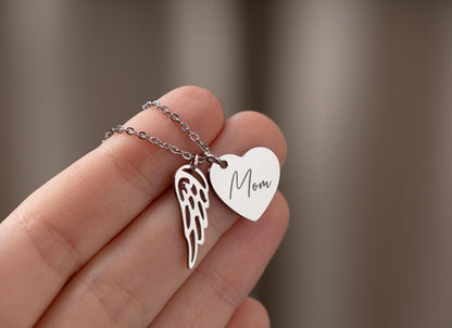 Memorial Heart Necklace with Custom Text Angel Wing, Loss of Mother or Father Remembrance Gift, Personalized Grief or Bereavement Gift, KP.2
