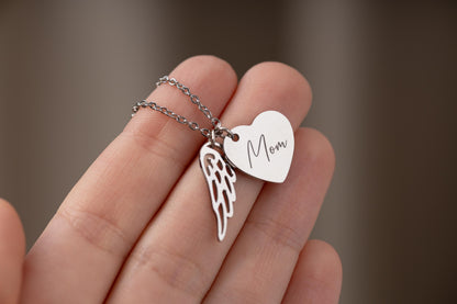 Memorial Heart Necklace with Custom Text Angel Wing, Loss of Mother or Father Remembrance Gift, Personalized Grief or Bereavement Gift, KP.2