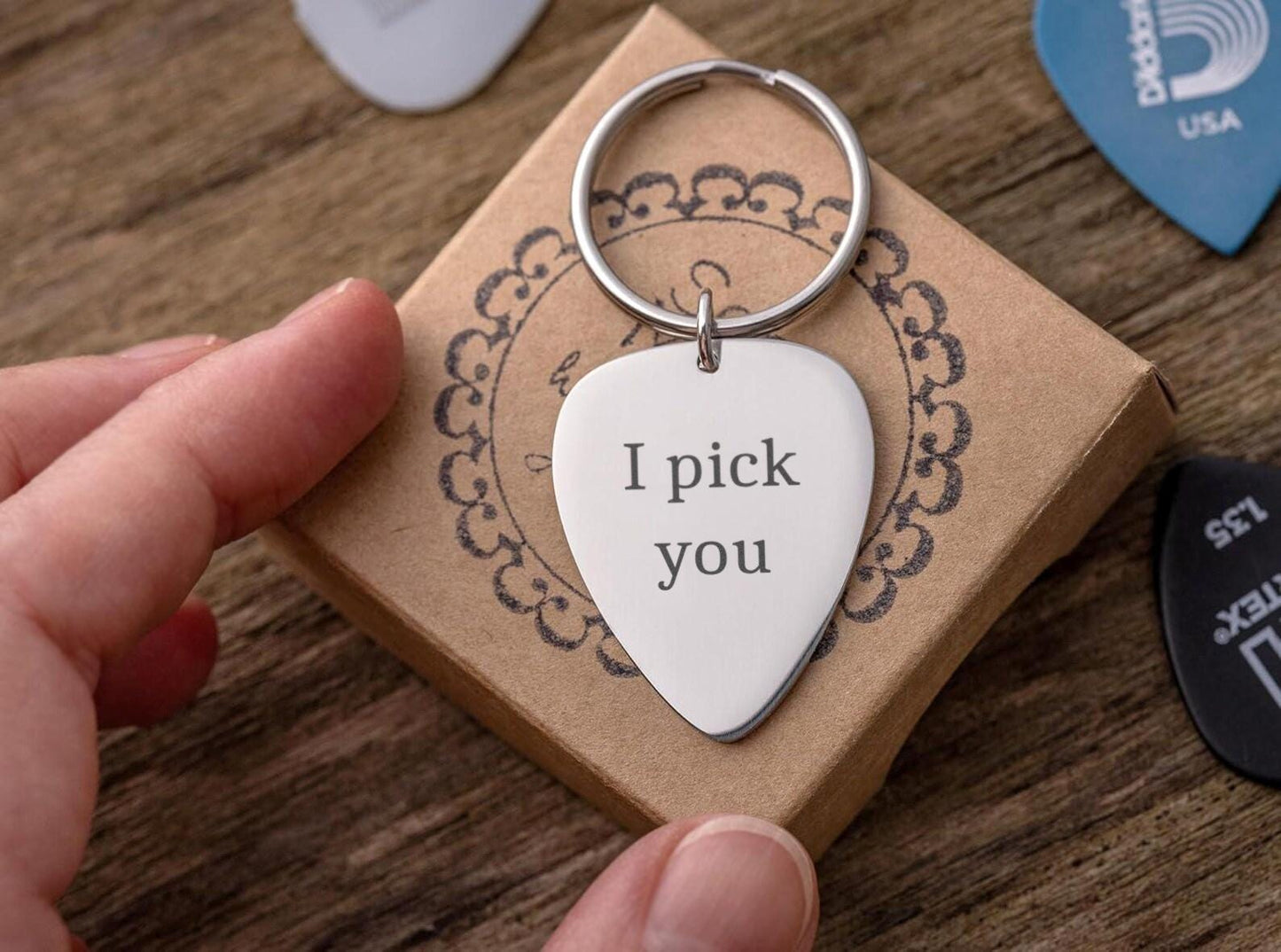 Guitar Pick Keychain with Your Custom Words, Personalized Gift For Musician, Music Lover, Boyfriend or Girlfriend, Custom Text Keyring, C.2