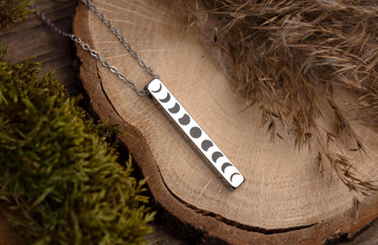 Moon Phase Necklace, Celestial Gift for Girlfriend or Wife, Night Sky Jewelry, Layering Lunar Vertical Bar Charm, Birthday Present, KP.2