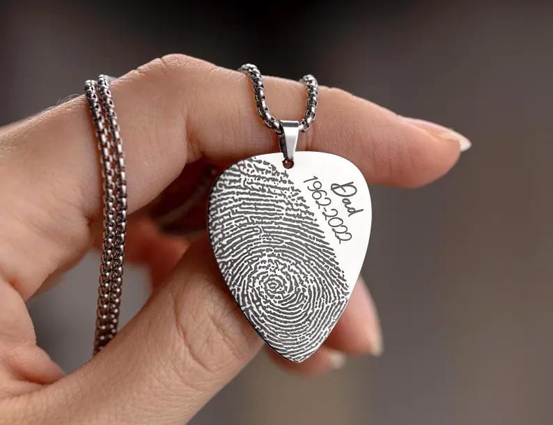 Guitar Pick Necklace with Fingerprint, Musician Remembrance Keepsake, Loss of Music Lover, Bereavement Gift, Father Memorial Grief Gift, C.2
