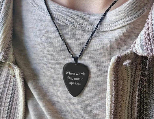 When Words Fail, Music Speaks - or Any Custom Text Guitar Pick Necklace for Boyfriend, Girlfriend, Musician, Music Lover Gift, KP.2/C.2