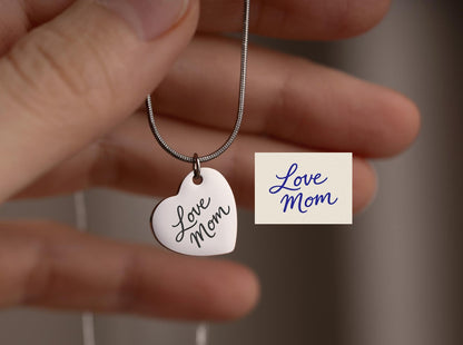 Actual Handwritten Message Necklace, Custom Heart Pendant with Handwriting, Personalized Memorial Jewelry for Her, Mom Keepsake Gift, C.2