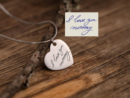 Personalized Heart Pendant with Actual Handwriting, Custom Handwritten Message Necklace, Memorial Jewelry for Her, Mom Keepsake Gift, C.2