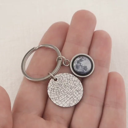 Star Map And Moon Phase Keychain, Engraved Custom Night Sky Keyring, Star Map By Date, Personalized Birthday Gift For Men, Anniversary, RP.2
