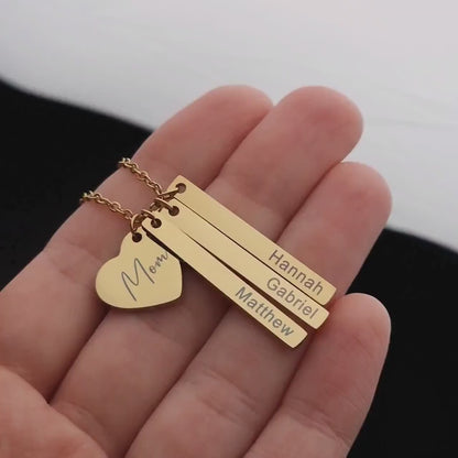 Custom Mom Jewelry with Kids Names, Personalized Multiple Charm Necklace with Engraved Heart and Bar Pendants for Women, Gift for Her, KP.2