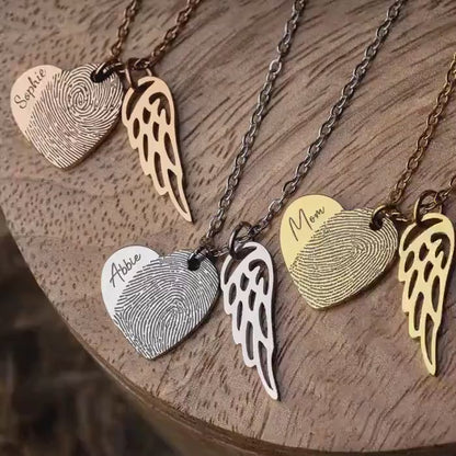 Actual Fingerprint Necklace With Angel Wing, Memorial Heart Jewelry, Loss Of Dad, Mom, Father, Mother, Personalized Sympathy Grief Gift KP.2