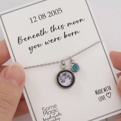 Custom Moon Phase and Birthstone Necklace, Custom Birth Moon Phase by Date, Engraved Jewelry, Personalized Birthday Gift for Women, KP.8